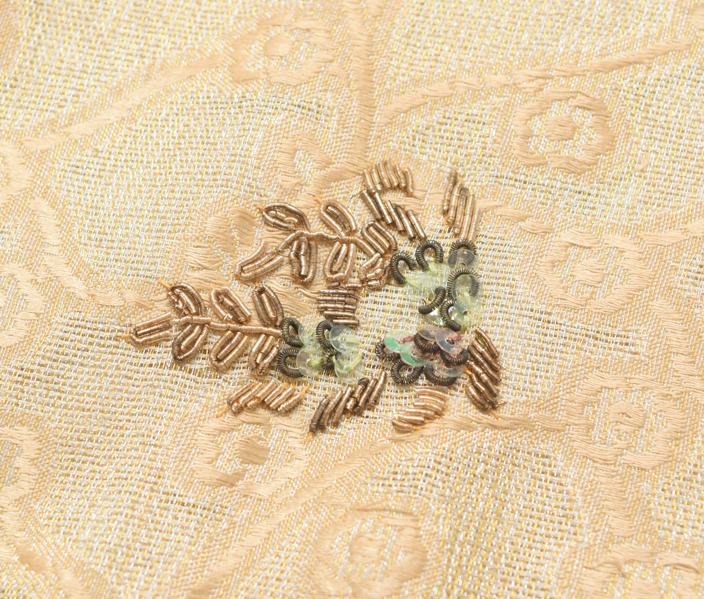 Sushila Vintage Beige Blend Tissue Saree Hand Beaded Zardozi Work Sari Fabric