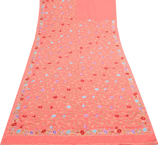 Sushila Vintage Peach Floral Saree Blend Georgette Silk Embroidered Sari Fabric