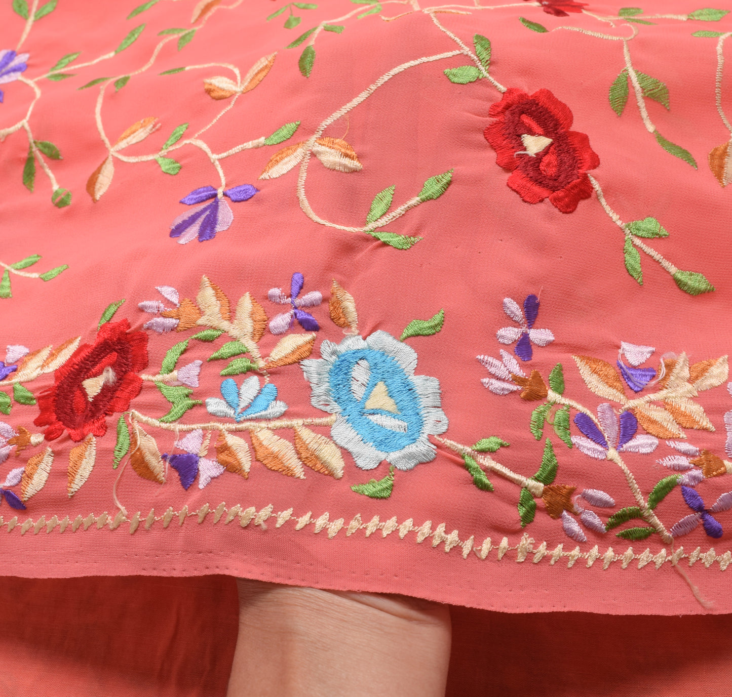 Sushila Vintage Peach Floral Saree Blend Georgette Silk Embroidered Sari Fabric
