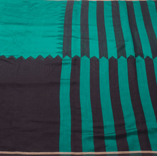 Sushila Vintage Black & Teal Green Saree Blend Cotton Silk Woven Sari Fabric