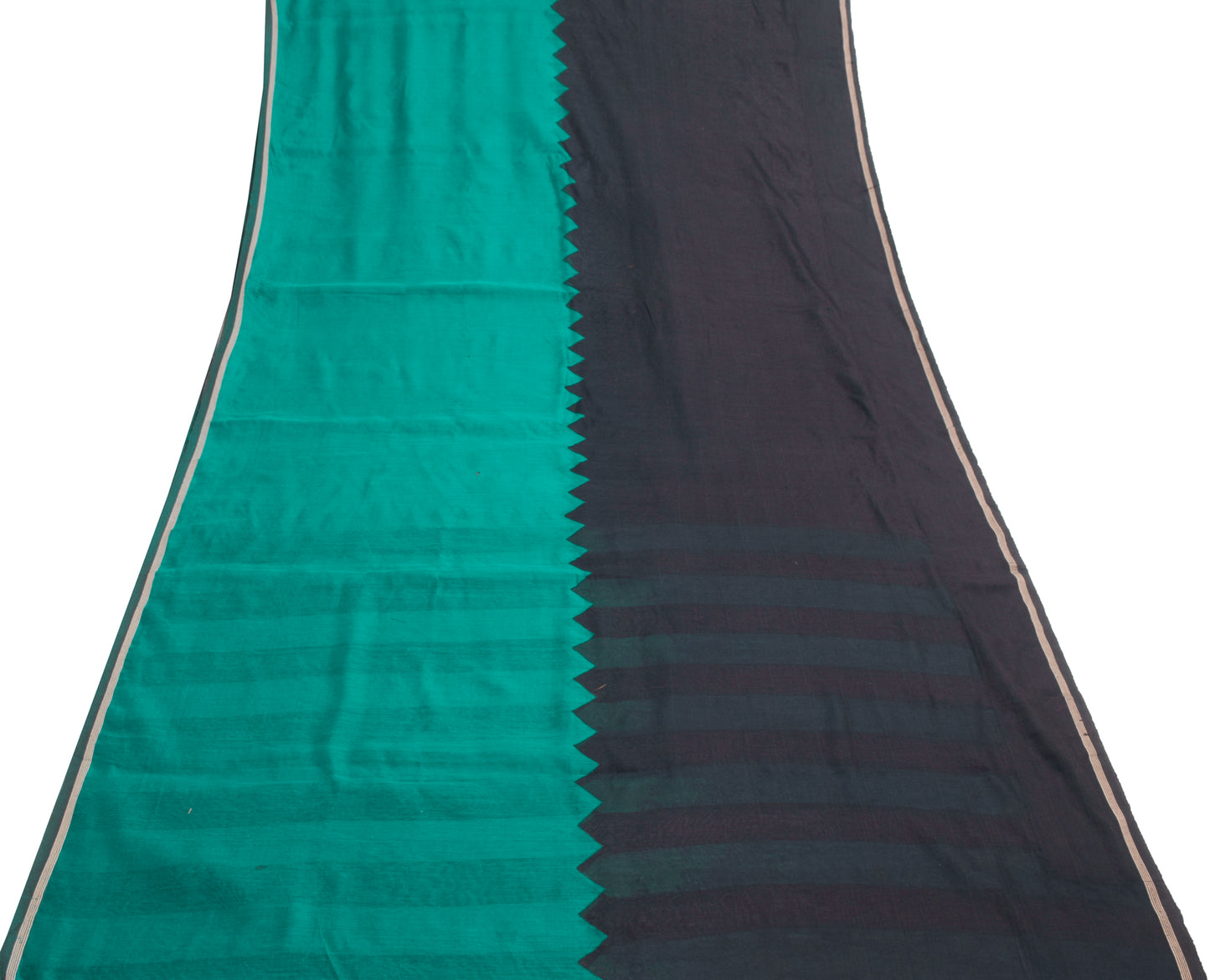 Sushila Vintage Black & Teal Green Saree Blend Cotton Silk Woven Sari Fabric