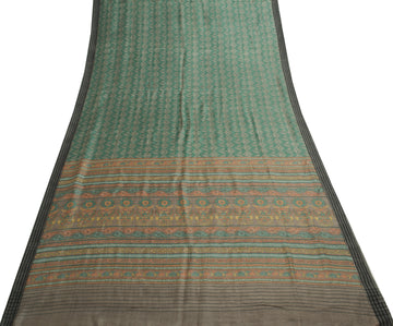Sushila Vintage Green Floral Saree 100% Pure Woolen woven Soft Craft Sari Fabric