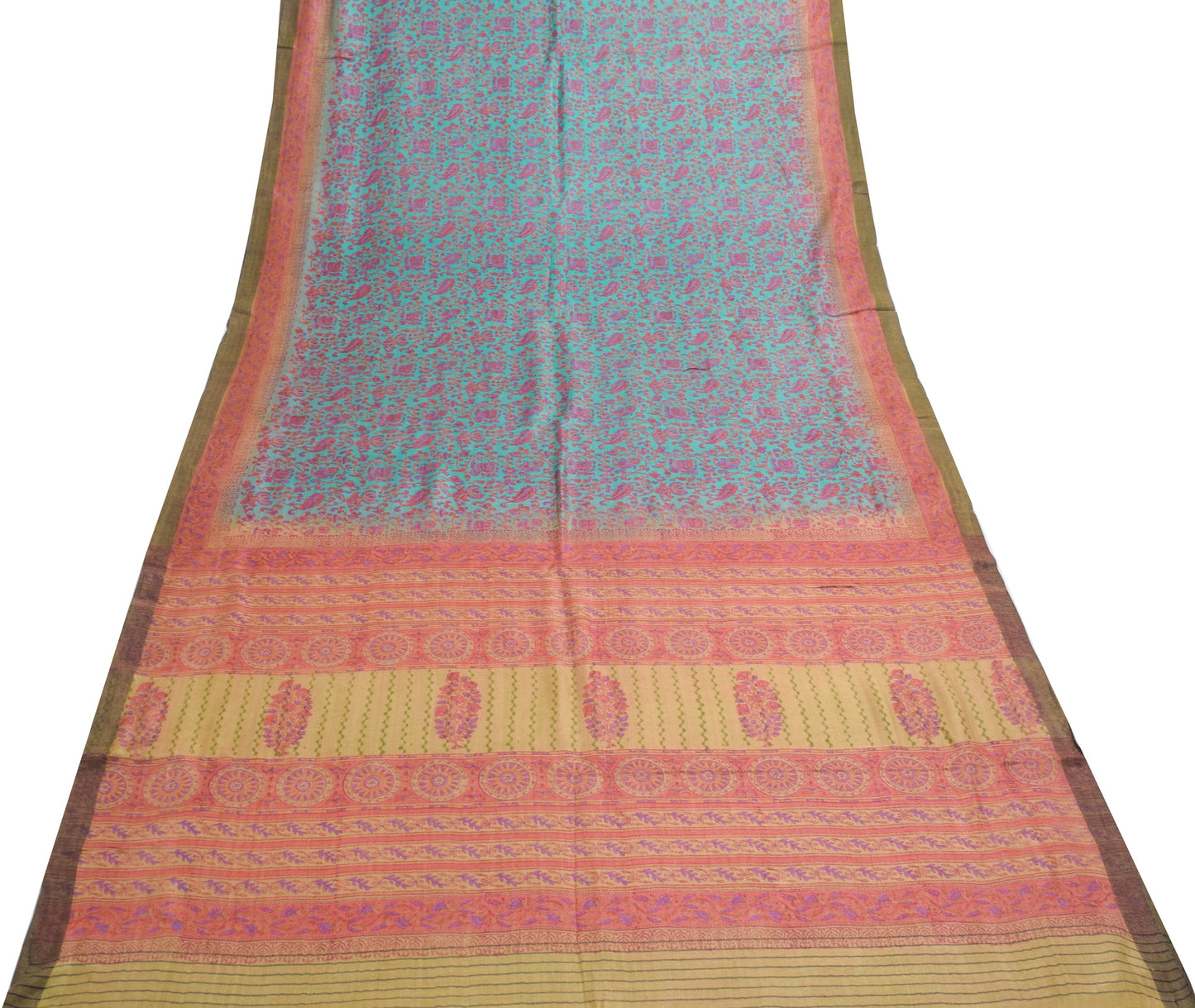 Sushila Vintage Aqua Blue Hand Block Printed Saree 100% Pure Woolen Sari Fabric