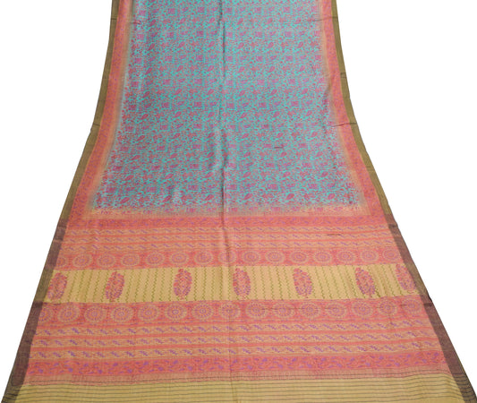 Sushila Vintage Aqua Blue Hand Block Printed Saree 100% Pure Woolen Sari Fabric