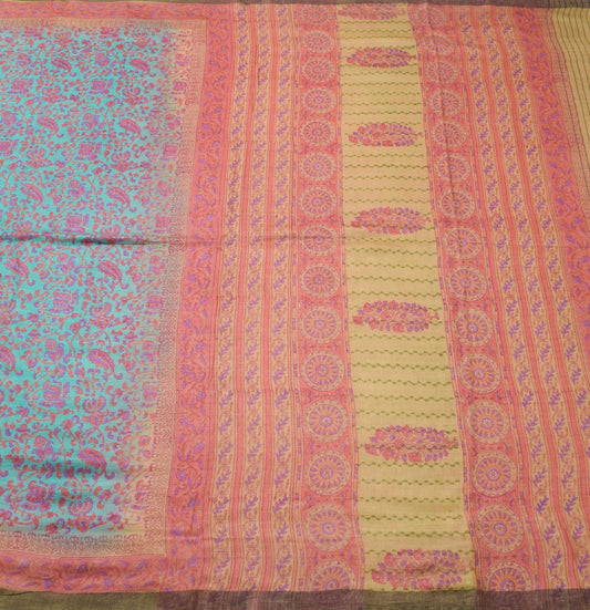 Sushila Vintage Aqua Blue Hand Block Printed Saree 100% Pure Woolen Sari Fabric