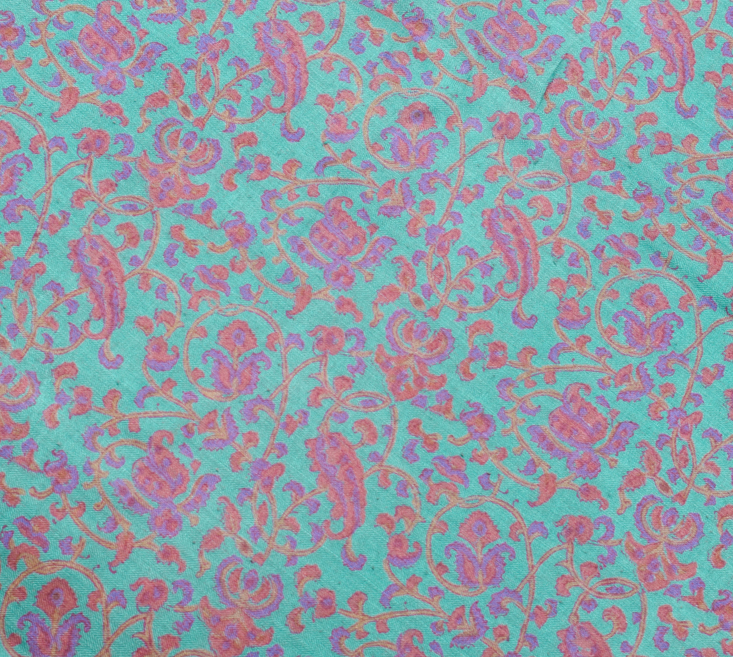 Sushila Vintage Aqua Blue Hand Block Printed Saree 100% Pure Woolen Sari Fabric