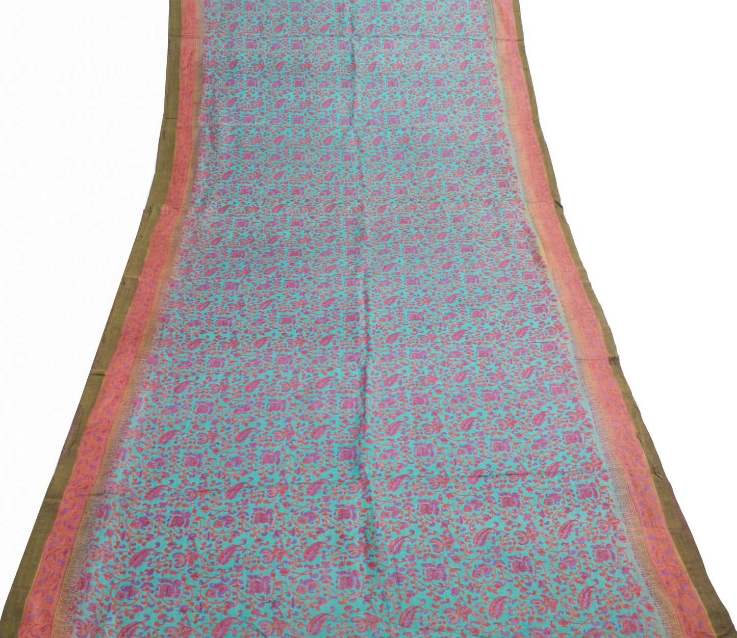 Sushila Vintage Aqua Blue Hand Block Printed Saree 100% Pure Woolen Sari Fabric