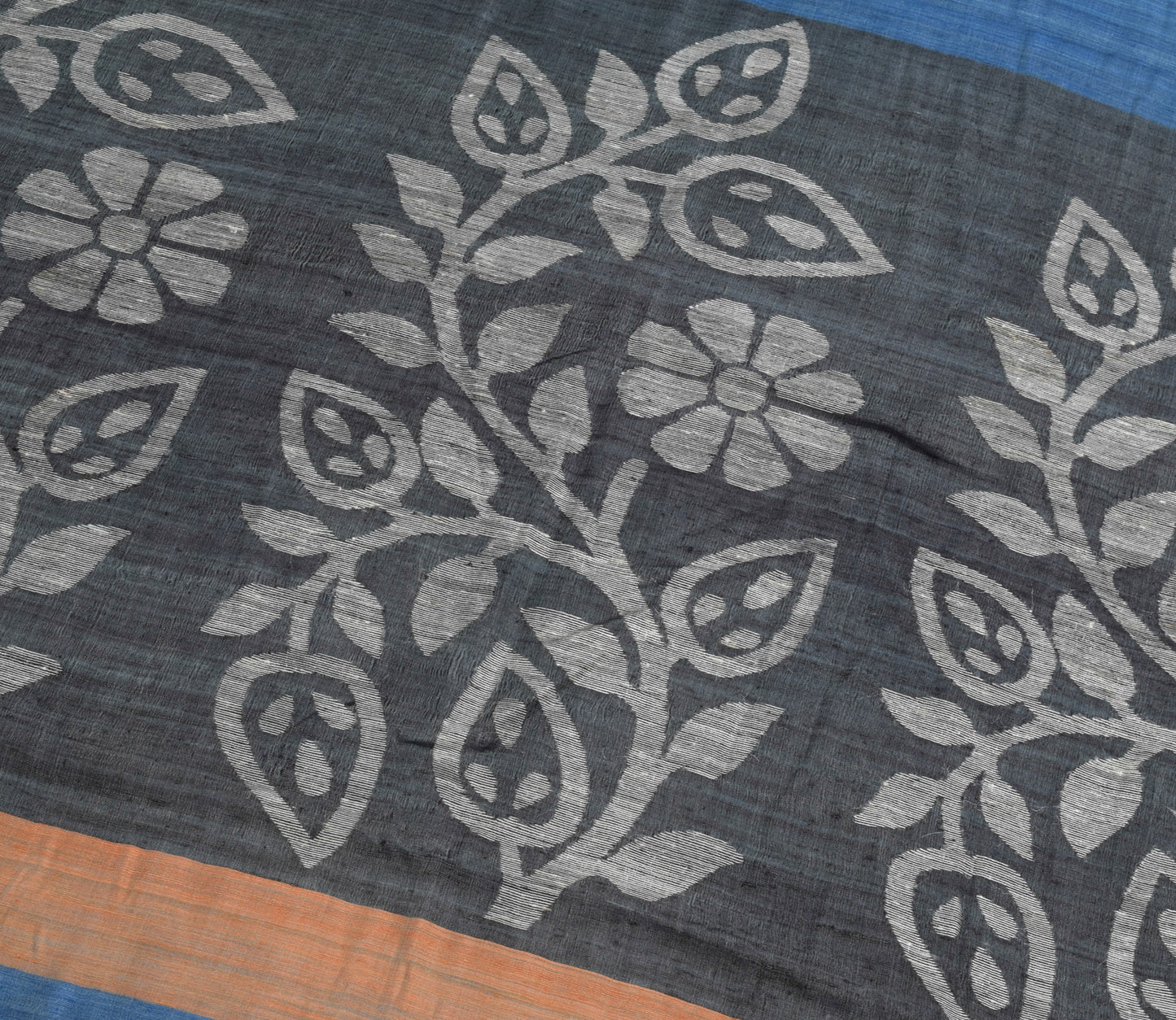 Sushila Vintage Blue Woven Floral Saree 100%Pure Woolen Indian Sari Craft Fabric