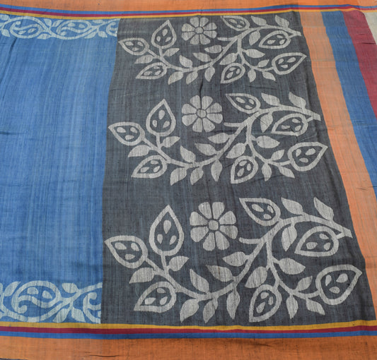 Sushila Vintage Blue Woven Floral Saree 100%Pure Woolen Indian Sari Craft Fabric
