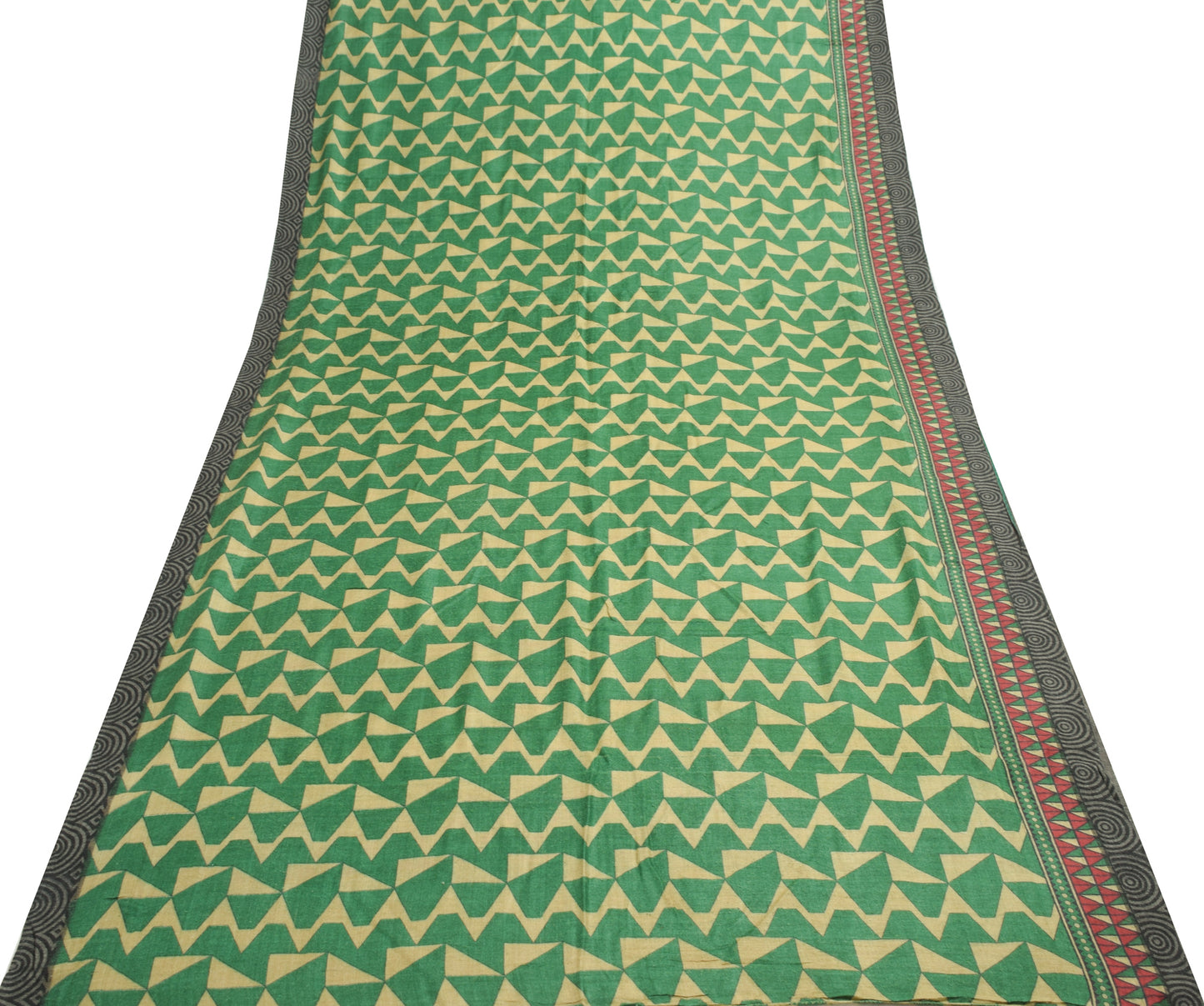 Sushila Vintage Light Brown & Green Saree 100%Pure Woolen Woven Soft Sari Fabric