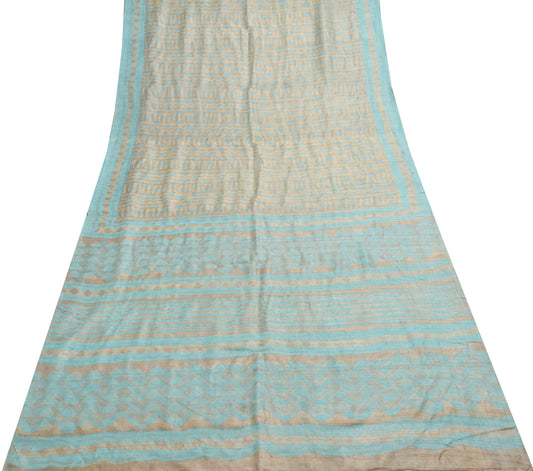Sushila Vintage Brown Printed Saree 100%Pure Tussar Silk Sari Craft Dress Fabric