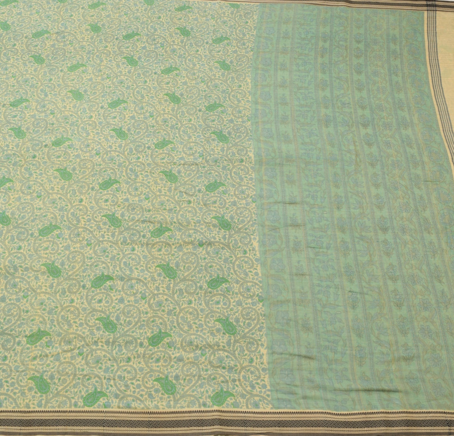 Vtg Cream Saree Pure Silk Printed with Woven Border Soft Branded Sari Fabric