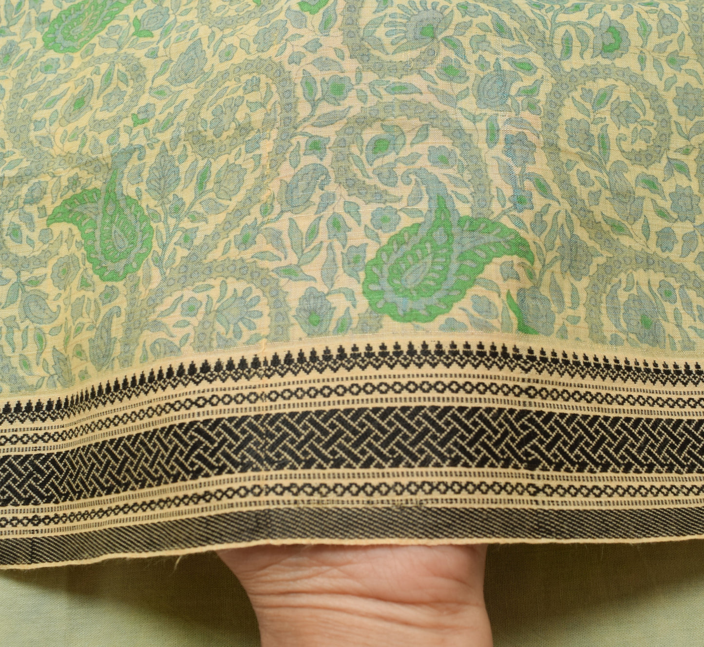 Vtg Cream Saree Pure Silk Printed with Woven Border Soft Branded Sari Fabric