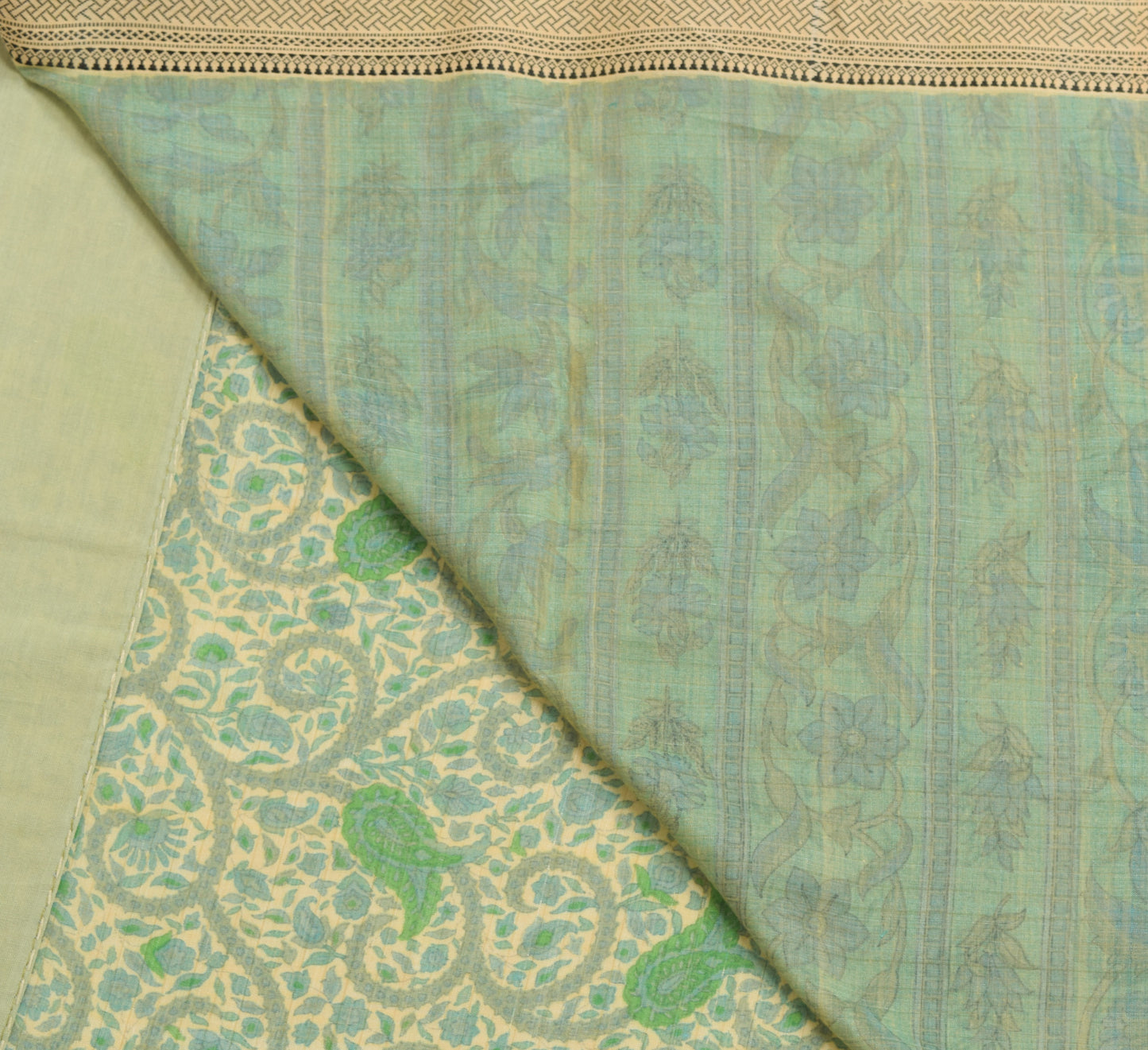 Vtg Cream Saree Pure Silk Printed with Woven Border Soft Branded Sari Fabric