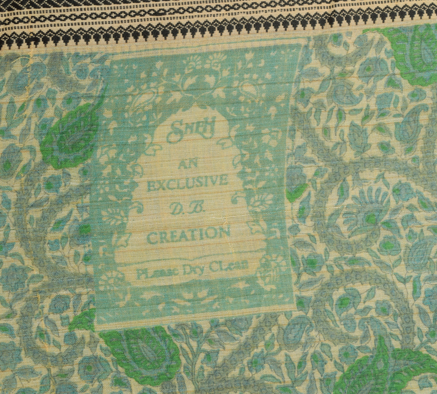 Vtg Cream Saree Pure Silk Printed with Woven Border Soft Branded Sari Fabric