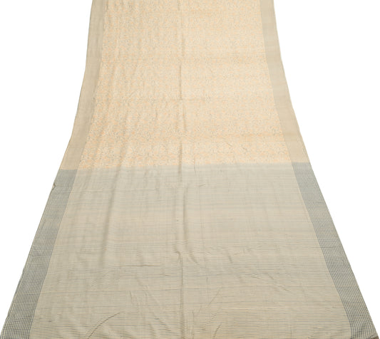 Sushila Vintage Cream Paisley Printed Saree 100% Pure Silk Indian Sari Fabric