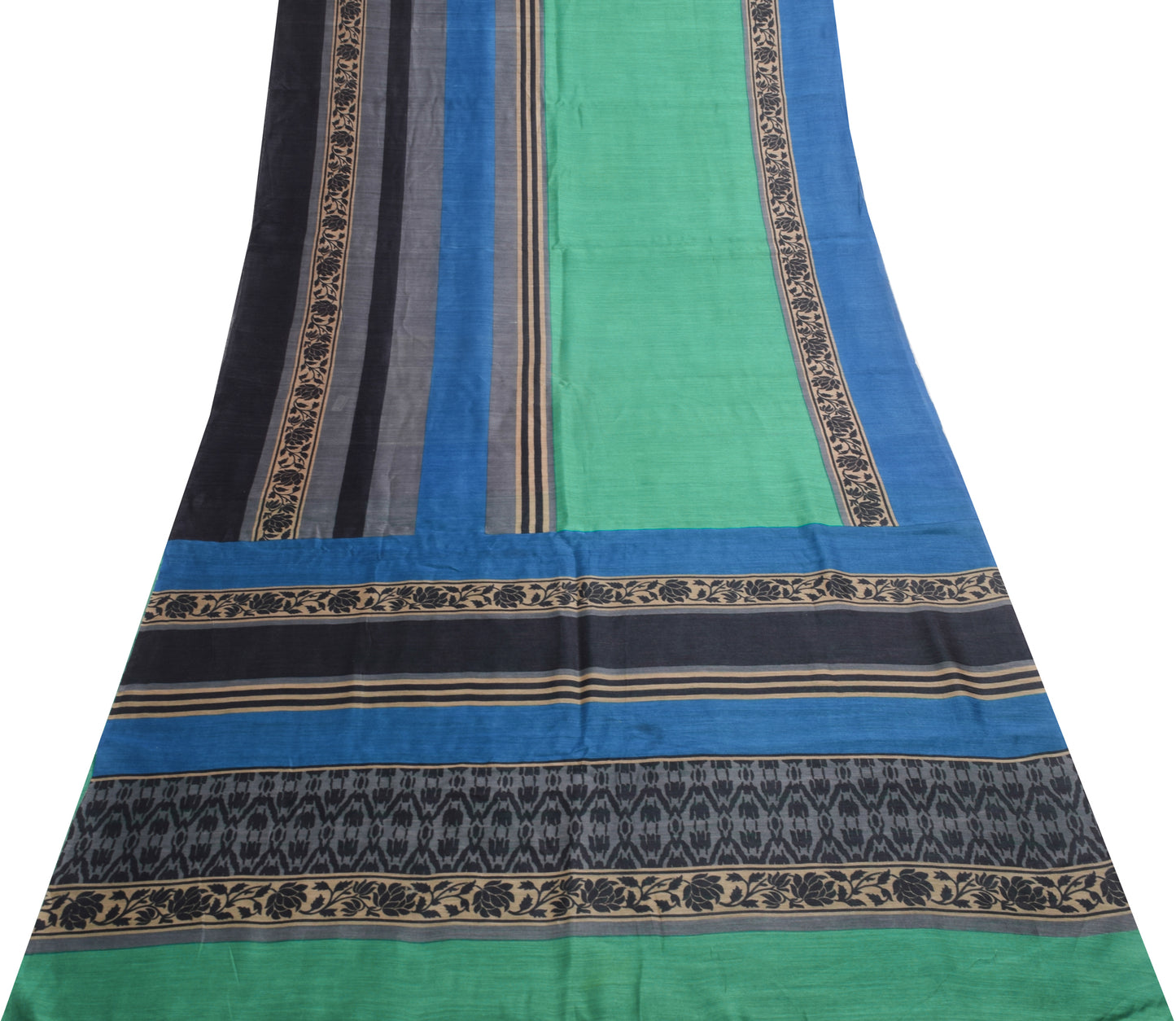 Sushila Vintage Teal Green Saree 100% Pure Silk Stripes Printed Sari Soft Fabric