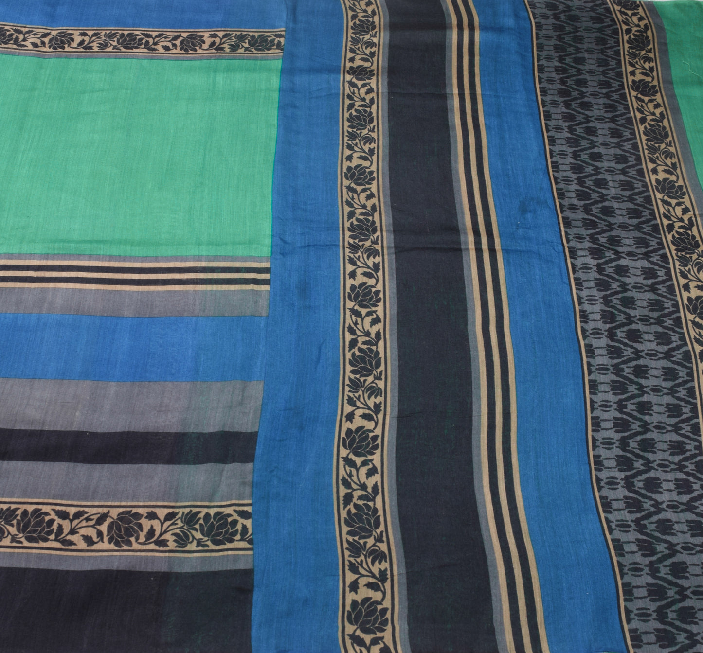 Sushila Vintage Teal Green Saree 100% Pure Silk Stripes Printed Sari Soft Fabric