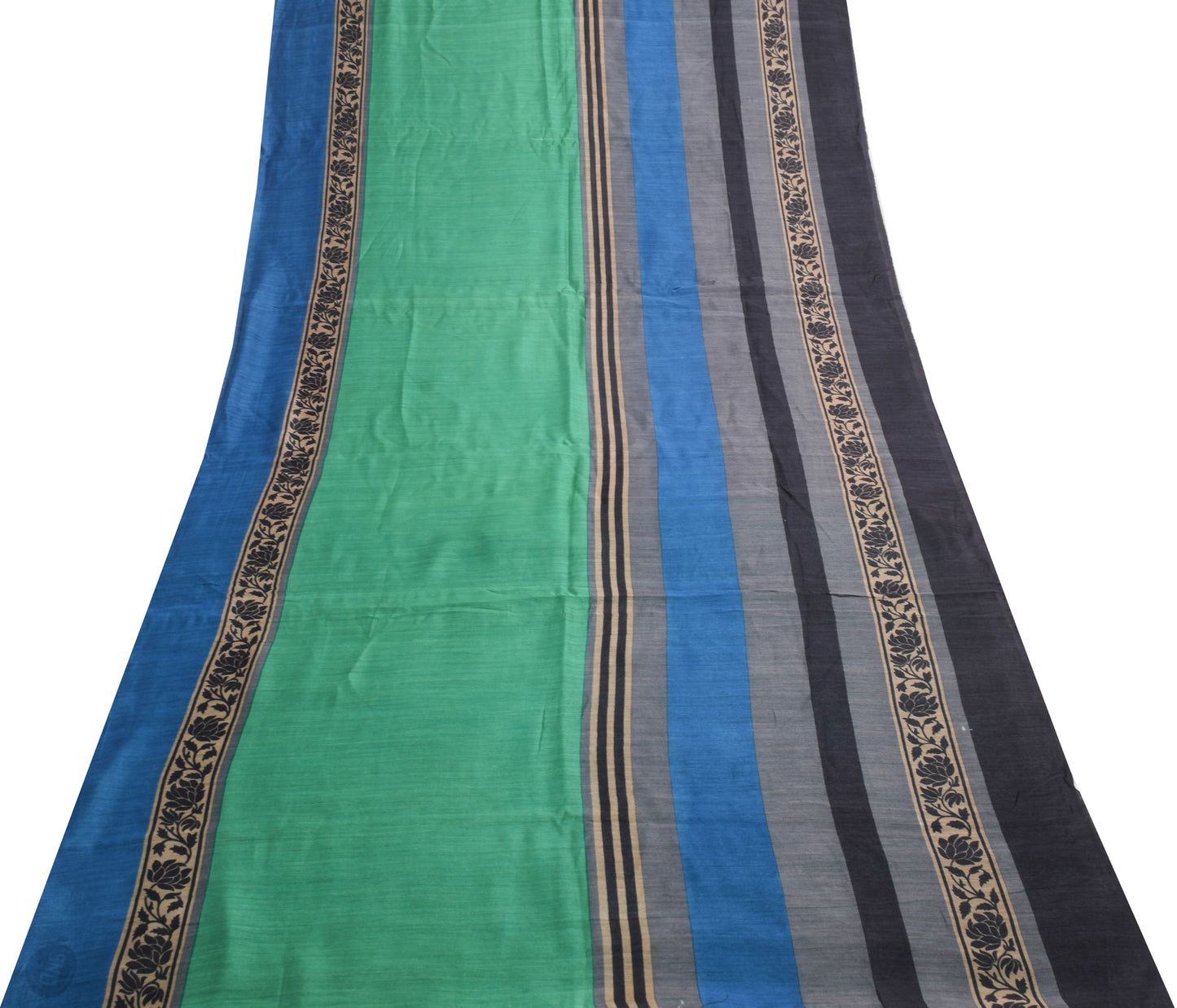 Sushila Vintage Teal Green Saree 100% Pure Silk Stripes Printed Sari Soft Fabric