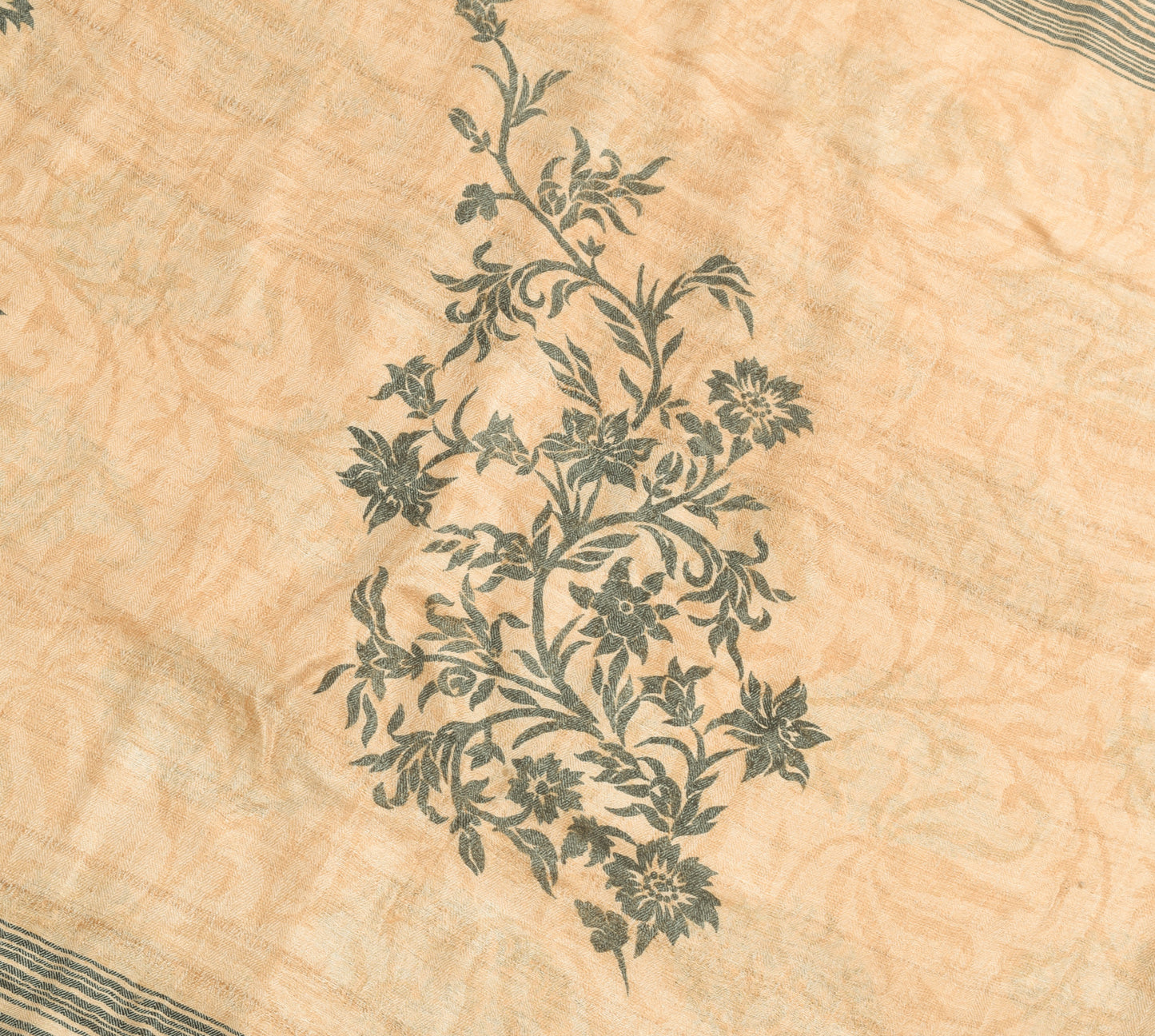 Sushila Vintage Light Brown Saree Paisley Printed 100% Pure Woolen Sari Fabric