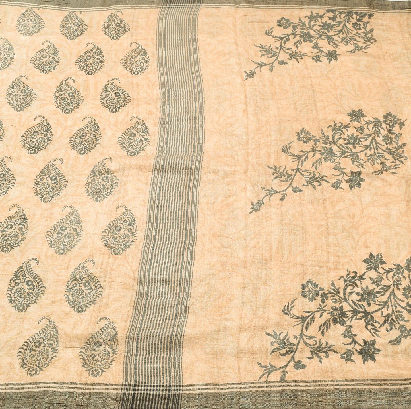 Sushila Vintage Light Brown Saree Paisley Printed 100% Pure Woolen Sari Fabric