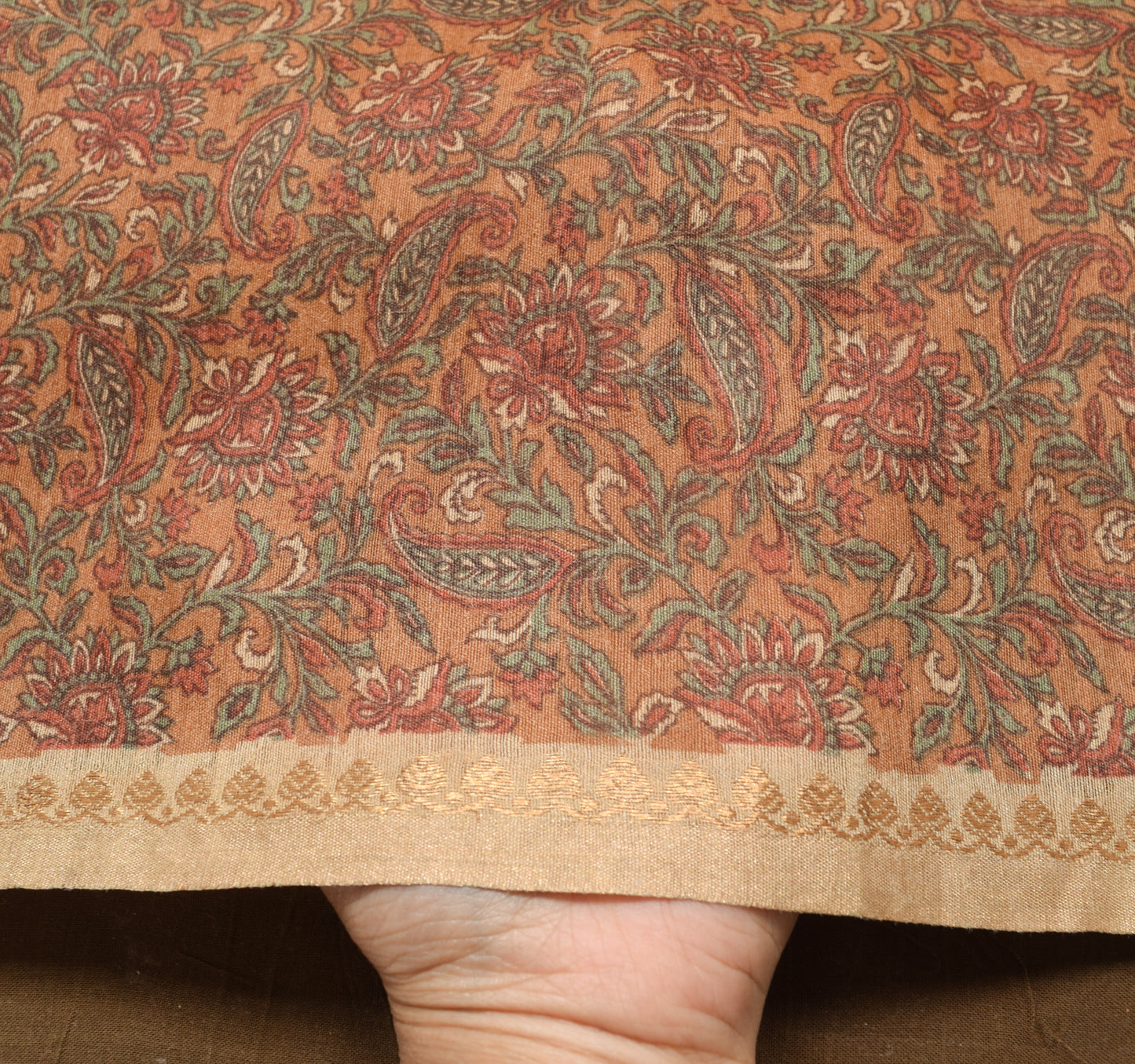 Sushila Vintage Brown Pure Cotton Silk Saree All Over Printed Floral Sari Fabric