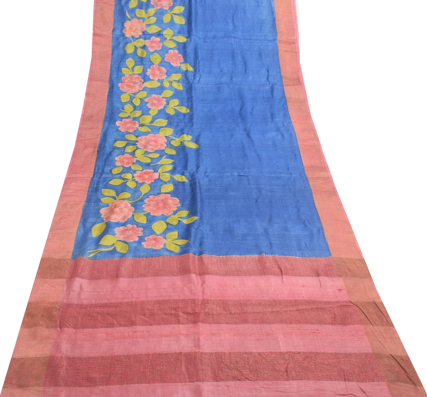 Sushila Vintage Blue Saree 100% Pure Tussar Silk Woven Floral Soft Sari Fabric