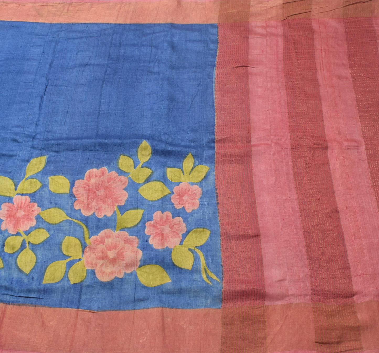 Sushila Vintage Blue Saree 100% Pure Tussar Silk Woven Floral Soft Sari Fabric