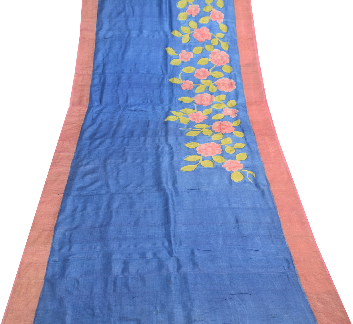 Sushila Vintage Blue Saree 100% Pure Tussar Silk Woven Floral Soft Sari Fabric