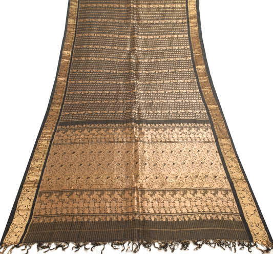 Sushila Vintage Black Zari Woven Kanjivaram Saree HEAVY Pure Tissue Silk Sari Craft Fabric