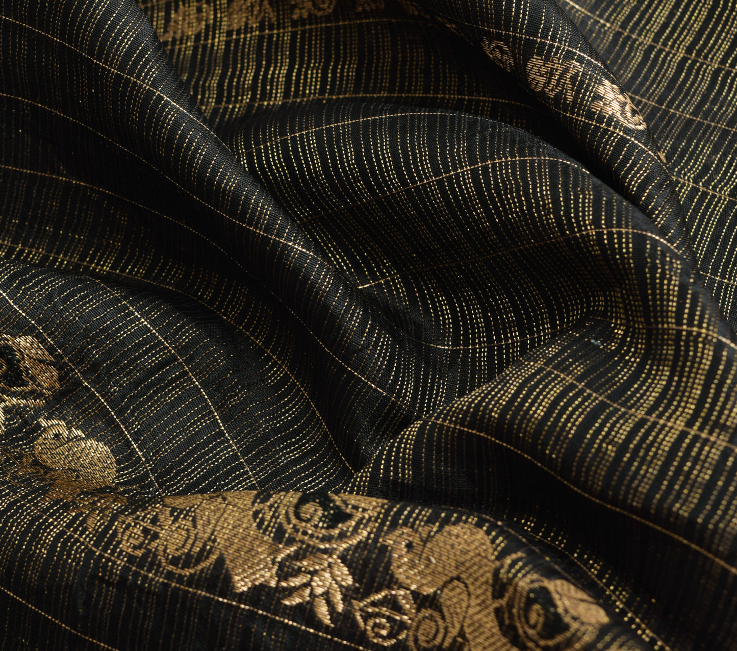 Sushila Vintage Black Zari Woven Kanjivaram Saree HEAVY Pure Tissue Silk Sari Craft Fabric