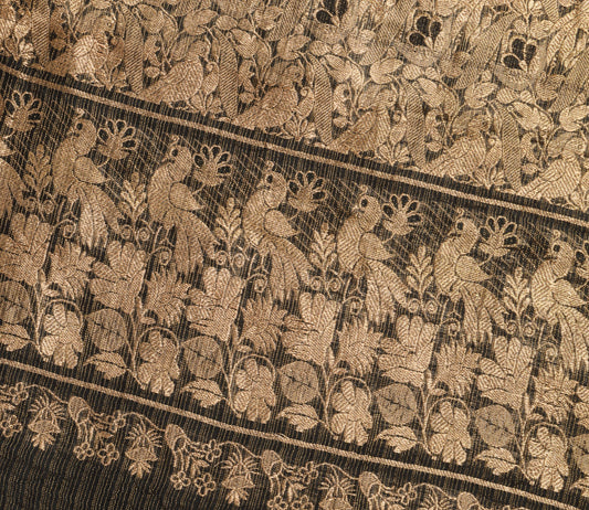 Sushila Vintage Black Zari Woven Kanjivaram Saree HEAVY Pure Tissue Silk Sari Craft Fabric