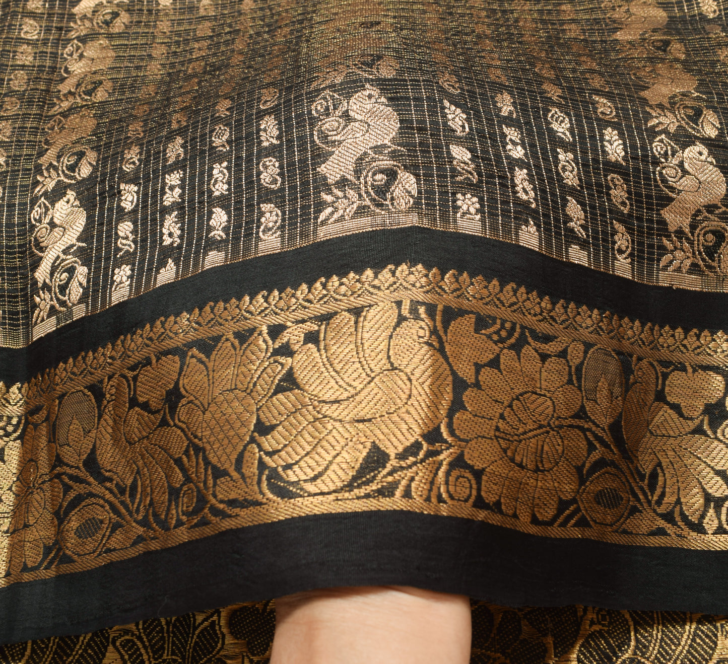 Sushila Vintage Black Zari Woven Kanjivaram Saree HEAVY Pure Tissue Silk Sari Craft Fabric
