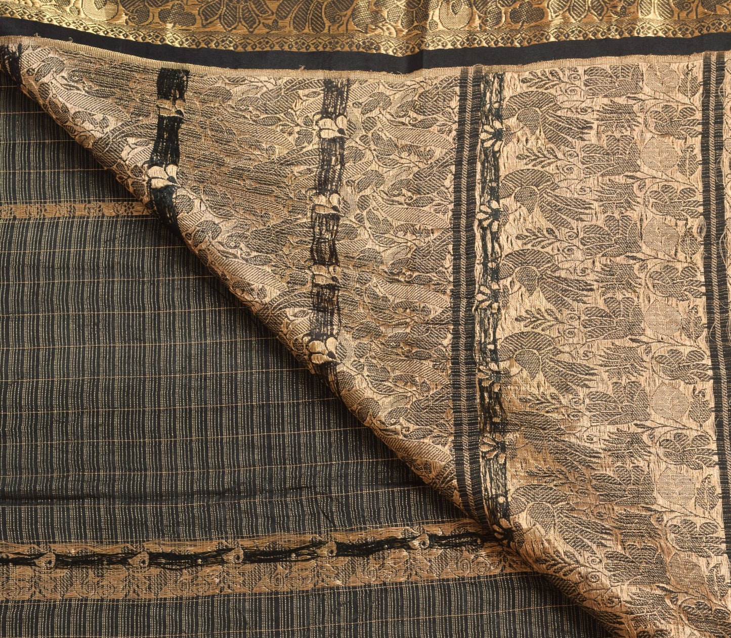 Sushila Vintage Black Zari Woven Kanjivaram Saree HEAVY Pure Tissue Silk Sari Craft Fabric