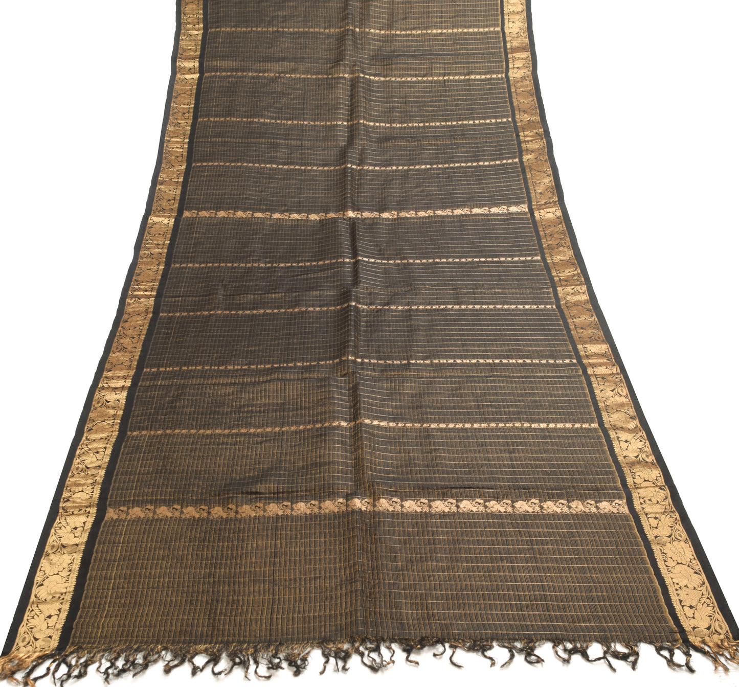 Sushila Vintage Black Zari Woven Kanjivaram Saree HEAVY Pure Tissue Silk Sari Craft Fabric