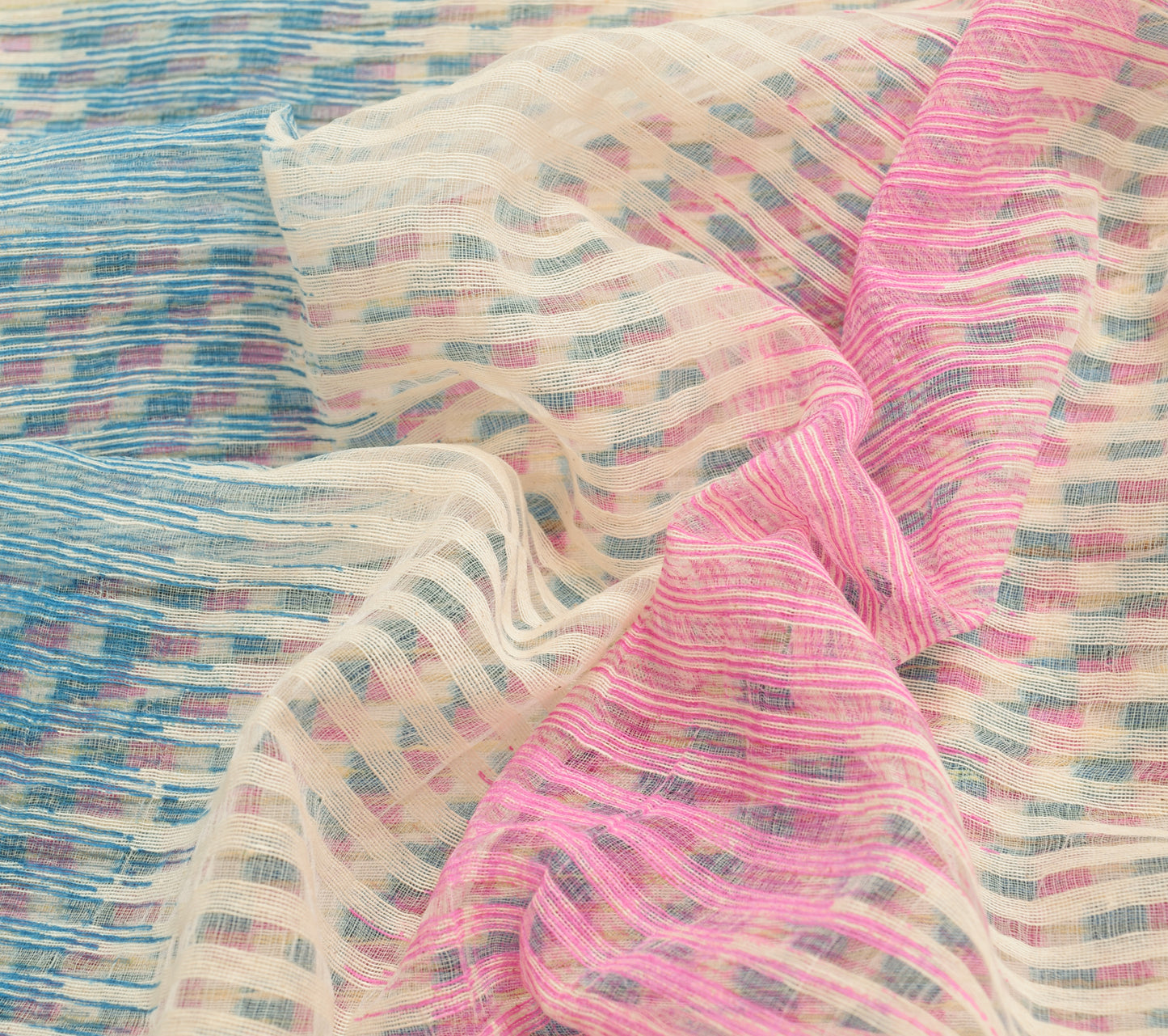 Sushila Vintage Cream Indian Saree Blend Silk Stripes Woven Sari Craft Fabric