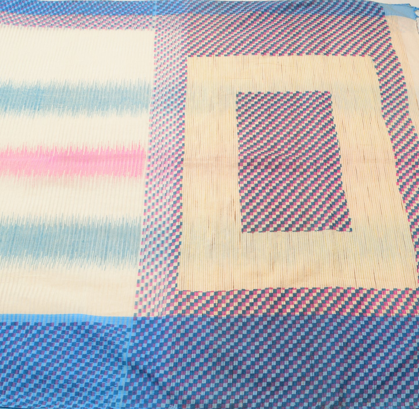 Sushila Vintage Cream Indian Saree Blend Silk Stripes Woven Sari Craft Fabric