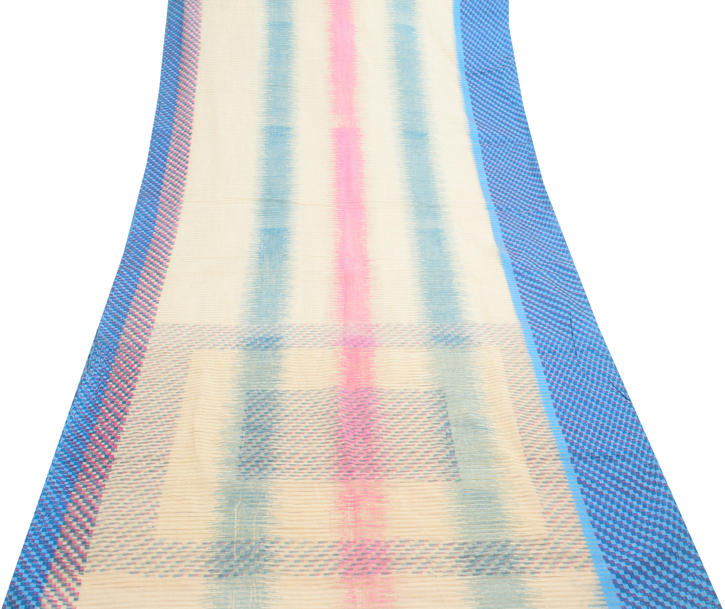 Sushila Vintage Cream Indian Saree Blend Silk Stripes Woven Sari Craft Fabric