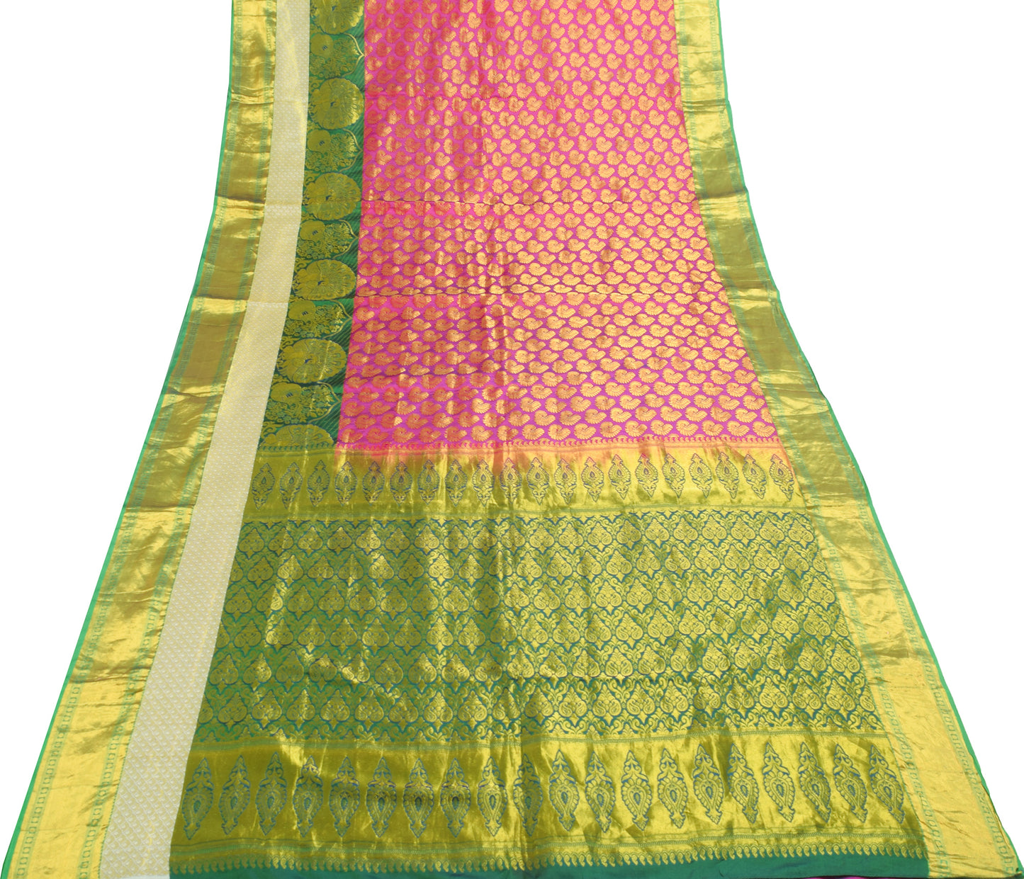 Sushila Vintage Magenta Green Kanchipuram Saree Bridal Art Silk Heavy Gold Zari Brocade Sari Craft Fabric