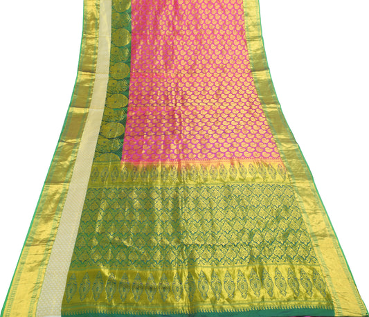 Sushila Vintage Magenta Green Kanchipuram Saree Bridal Art Silk Heavy Gold Zari Brocade Sari Craft Fabric