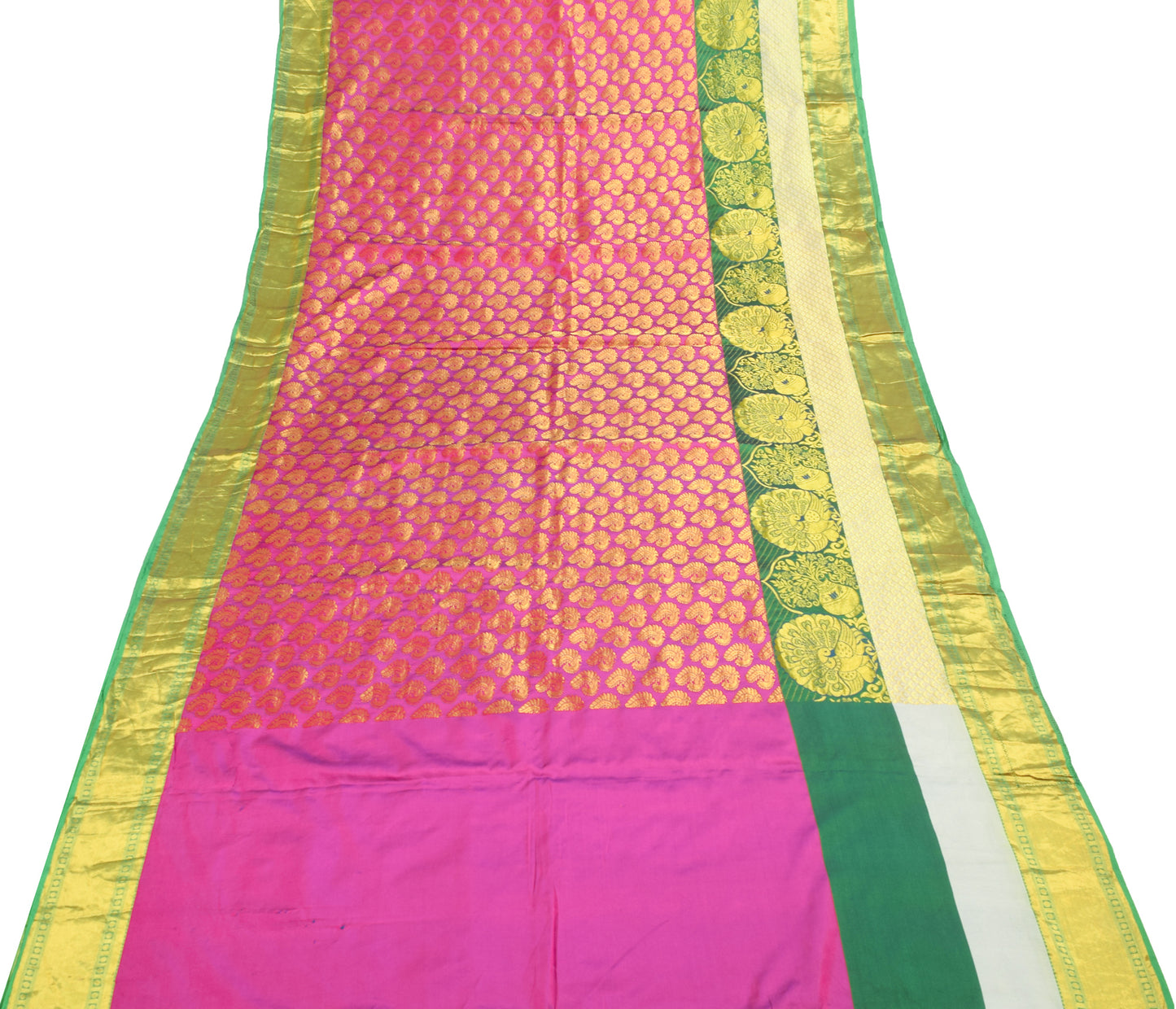 Sushila Vintage Magenta Green Kanchipuram Saree Bridal Art Silk Heavy Gold Zari Brocade Sari Craft Fabric