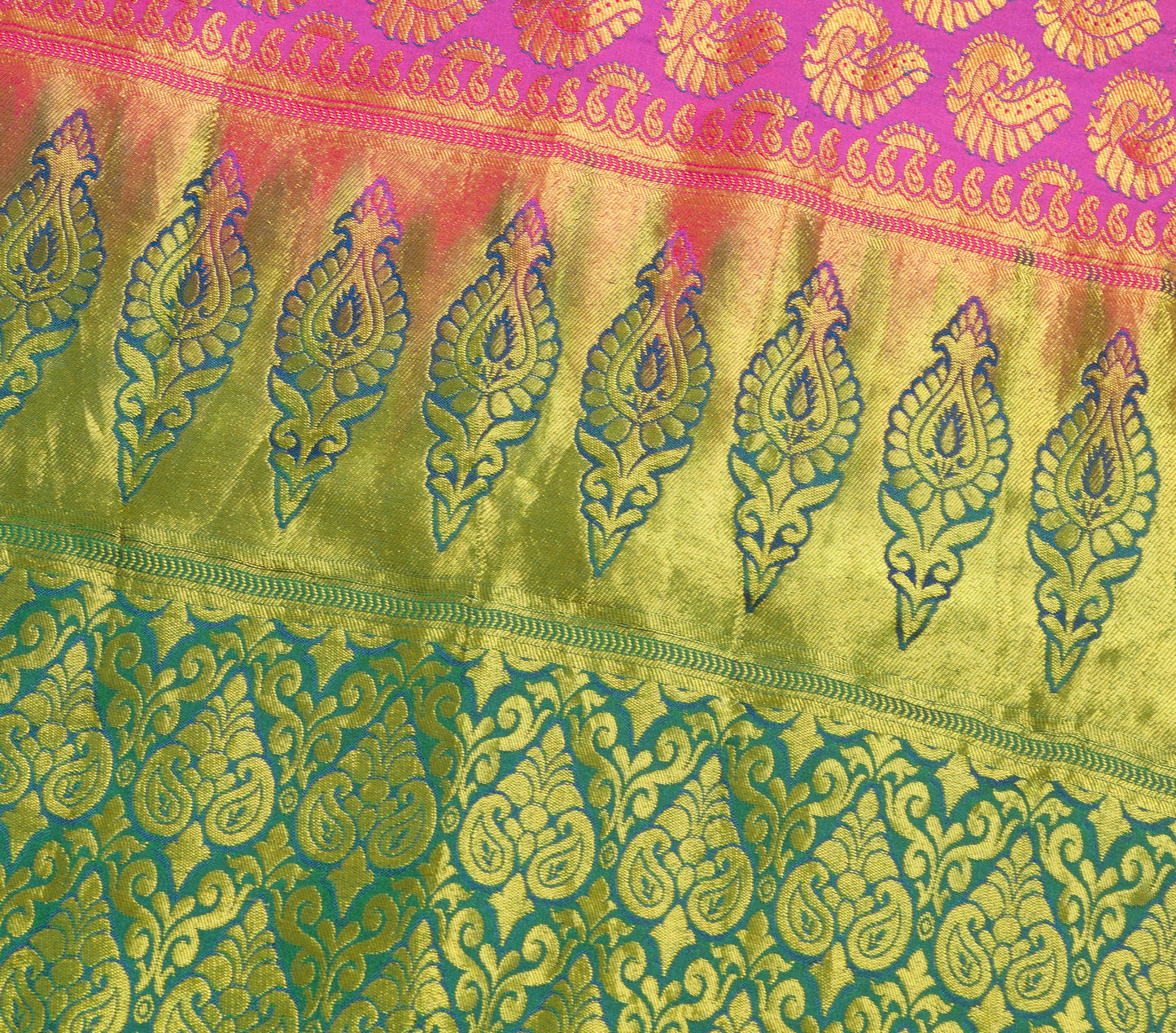 Sushila Vintage Magenta Green Kanchipuram Saree Bridal Art Silk Heavy Gold Zari Brocade Sari Craft Fabric