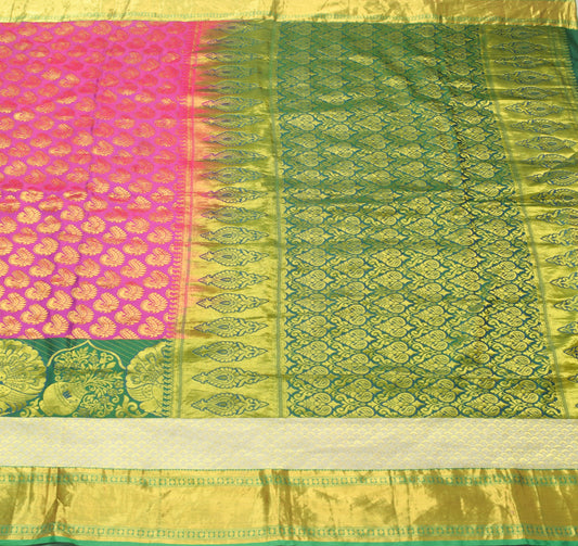 Sushila Vintage Magenta Green Kanchipuram Saree Bridal Art Silk Heavy Gold Zari Brocade Sari Craft Fabric