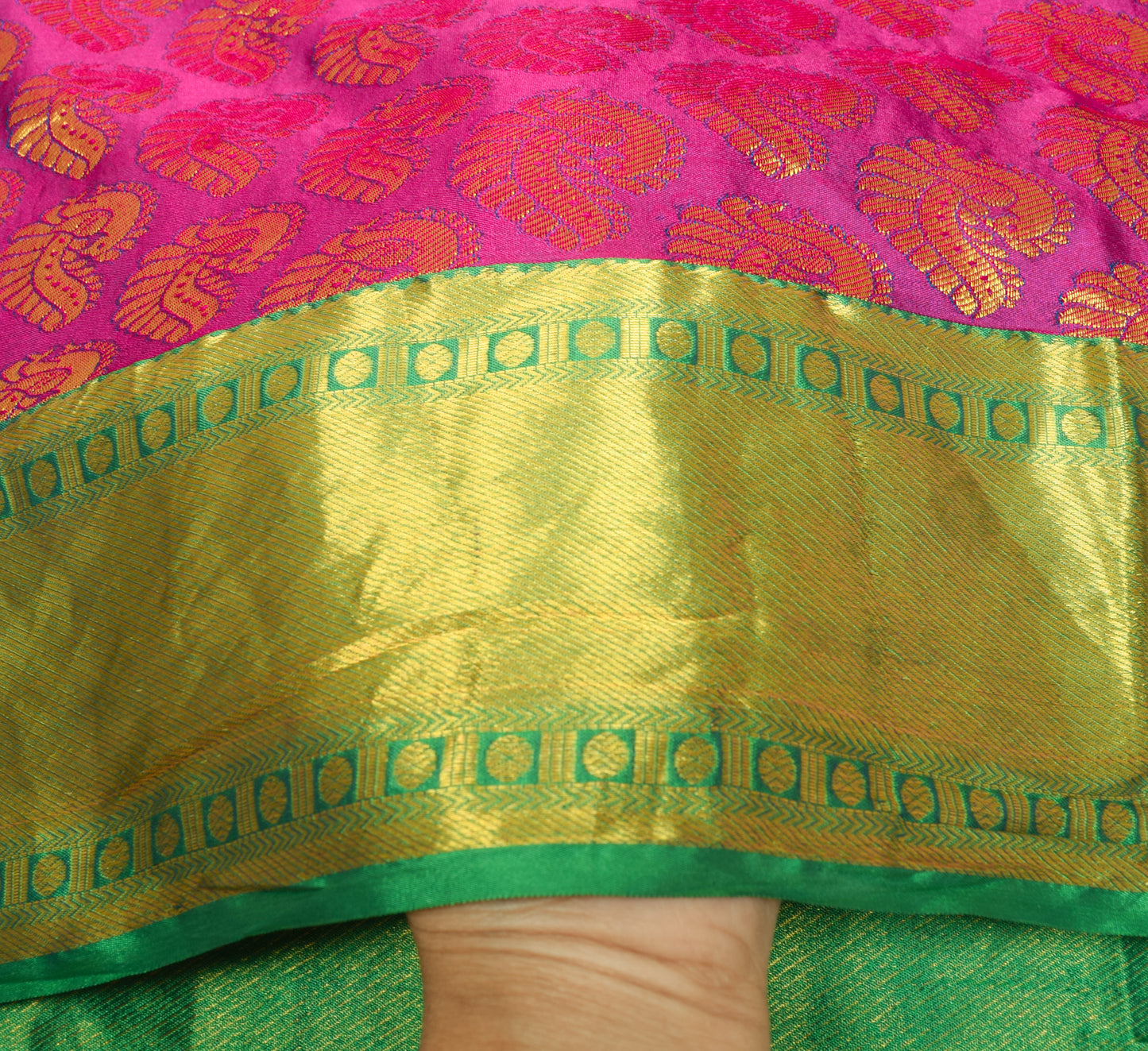 Sushila Vintage Magenta Green Kanchipuram Saree Bridal Art Silk Heavy Gold Zari Brocade Sari Craft Fabric