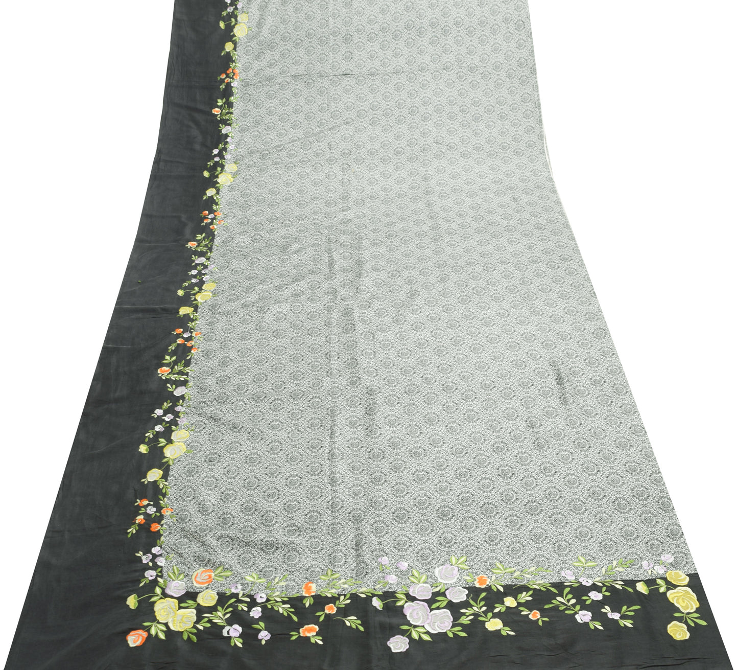 Sushila Vintage Gray 100% Pure Silk Saree Floral Embroidered Soft Sari Fabric