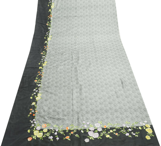 Sushila Vintage Gray 100% Pure Silk Saree Floral Embroidered Soft Sari Fabric