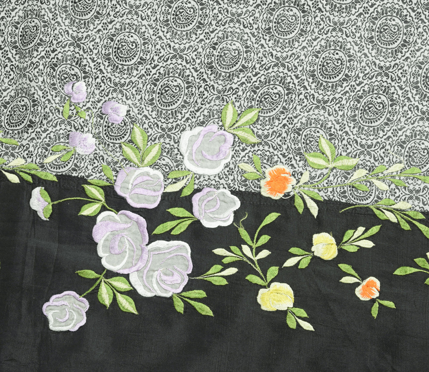 Sushila Vintage Gray 100% Pure Silk Saree Floral Embroidered Soft Sari Fabric