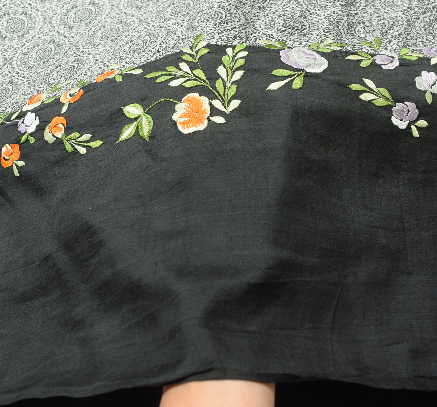 Sushila Vintage Gray 100% Pure Silk Saree Floral Embroidered Soft Sari Fabric