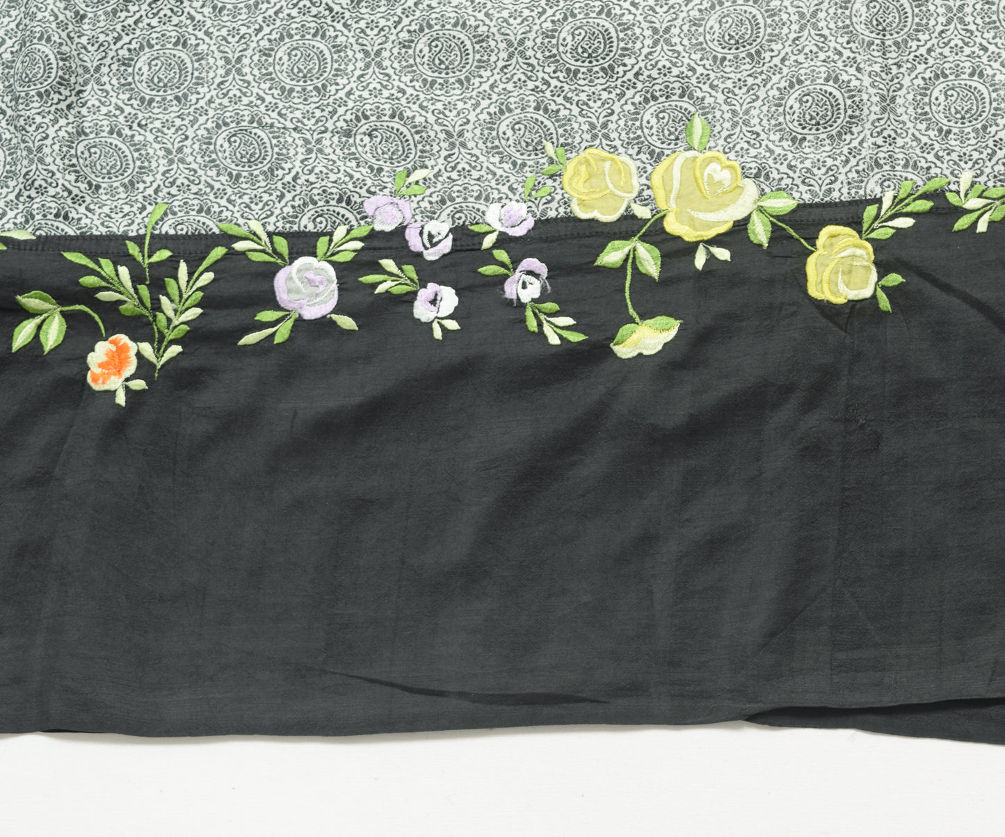 Sushila Vintage Gray 100% Pure Silk Saree Floral Embroidered Soft Sari Fabric