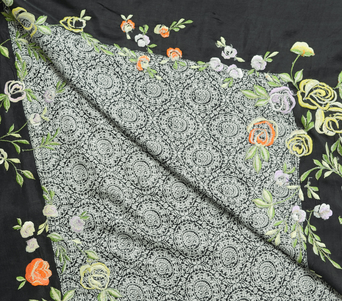 Sushila Vintage Gray 100% Pure Silk Saree Floral Embroidered Soft Sari Fabric